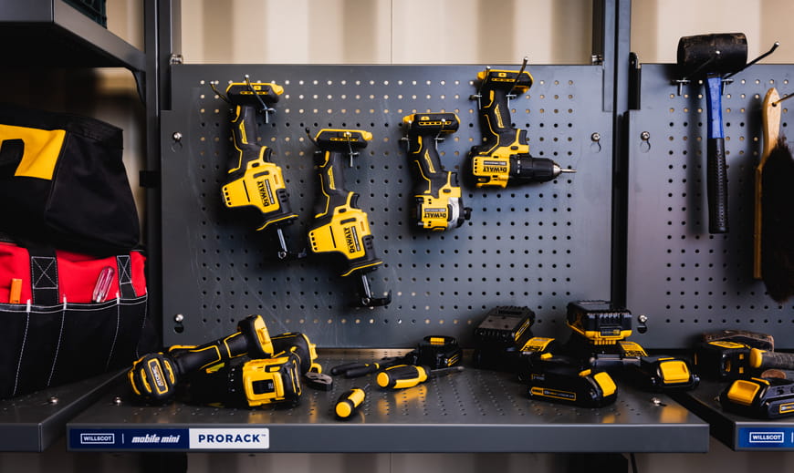Organized power tools in PRORACK™ pegboard system