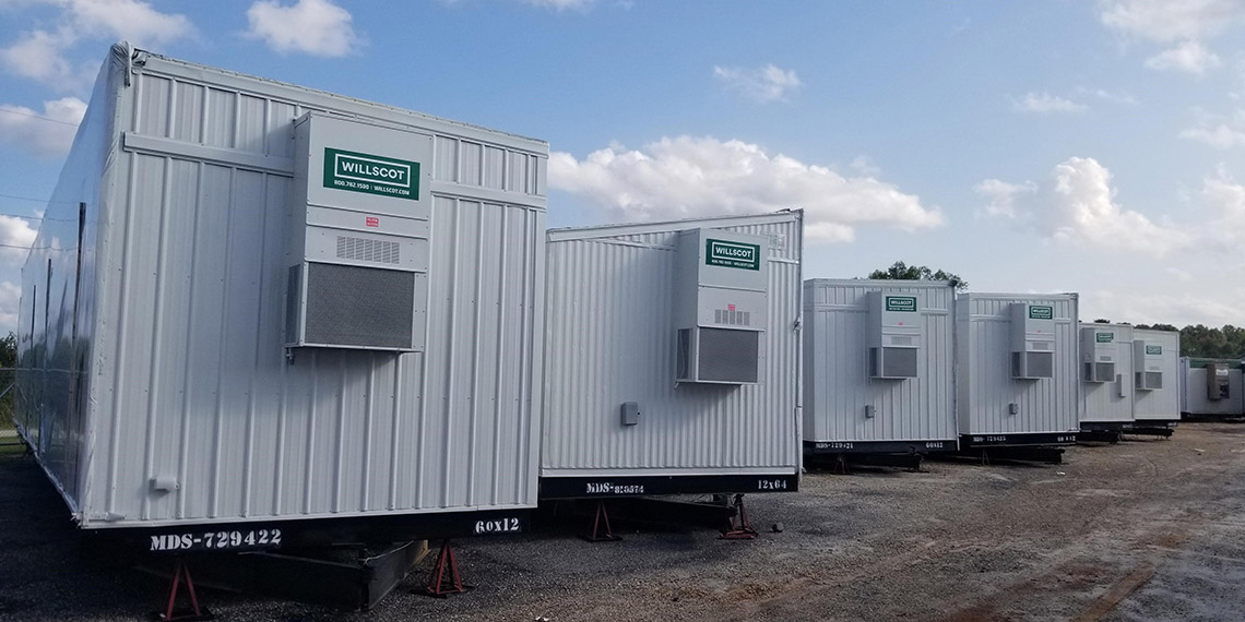 a line of mobile office trailers at WillScot Greenville, SC